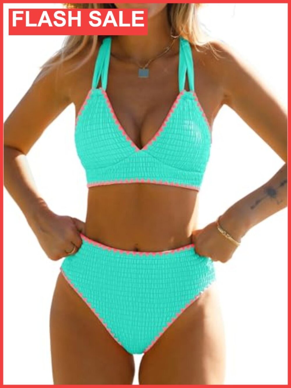 High Waisted Bikini Sets Neon Textured Smocked Two Piece Swimsuit